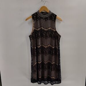 Love fire black halter dress large   lace overlay lining large mock collar